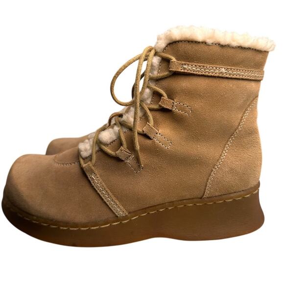 Vtg Y2K Report Tan Suede Fur Rubber Chunky Heel Ankle Boots Womens Sz 7.5 90s - Picture 14 of 16